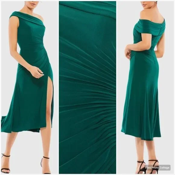MAC DUGGAL 26484 Womens Green Ruched Off-The-Shoulder Midi Dress - Picture 1 of 14